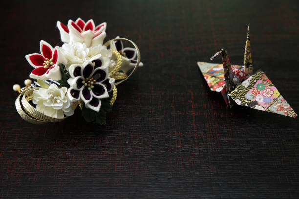 Pictured japanese decorative hair pin on the lacquered board.