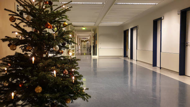 Decorated Christmas tree in the hallway of the hospital stock photo