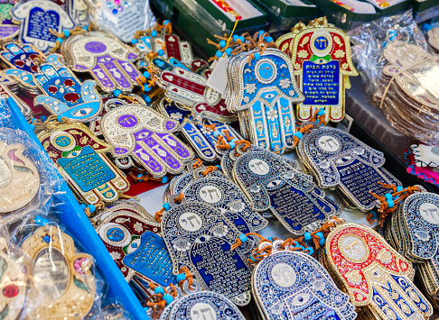 Hands of Fatima- Hamsa- to keep away bad omens and attract good luck, at the market for sale. Israel