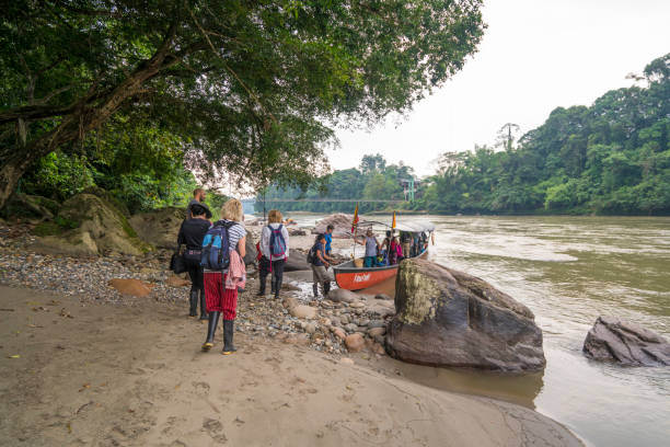 tourists getting to the boat for amazon rainforest exploration, ecuador - tattersall imagens e fotografias de stock