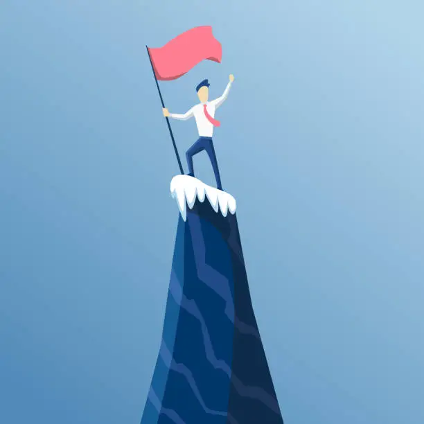 Vector illustration of Businessman first reached the summit of the mountain with a flag. Business people reached his goal. Business concept win and competition. Leads to success