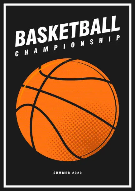 Vector illustration of Basketball nba tournament sport poster design banner pop art style ball isolated on black background. luxury vertical flyer Illustration.