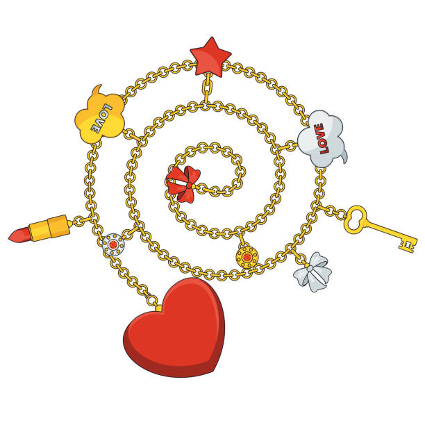 modny wisiorek z łańcuchami, sercem i kokardką. - heart shape line art valentines day love stock illustrations