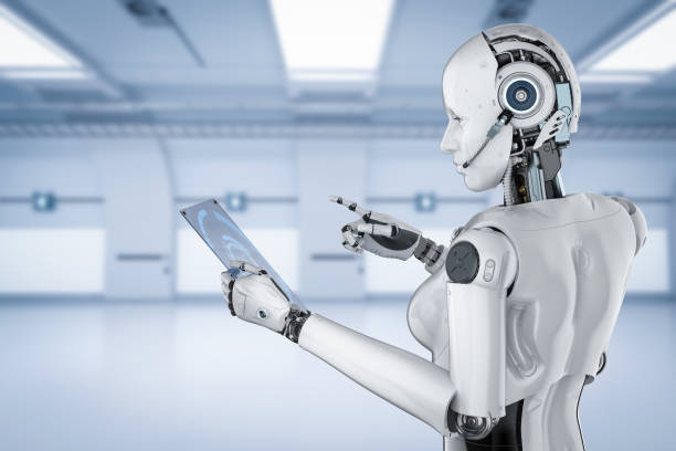istock Female cyborg with glass tablet 1200405347