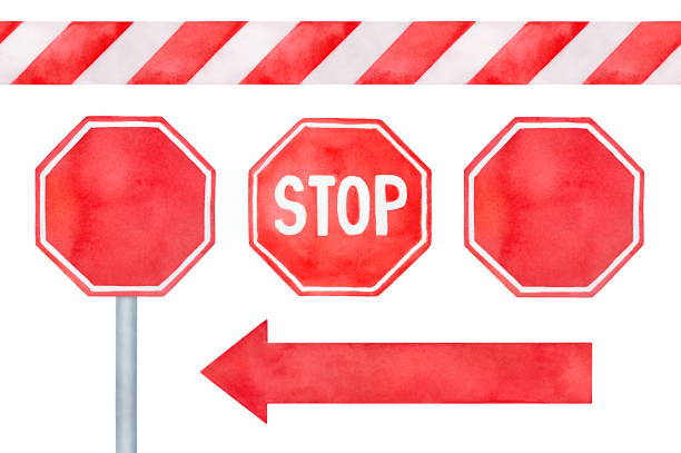 ilustrações de stock, clip art, desenhos animados e ícones de "stop sign" collection with text and blank sign variation, bright arrow and seamless repeatable border with diagonal stripes. hand painted watercolour illustration, cutout clipart elements for design. - arrow sign road sign fence