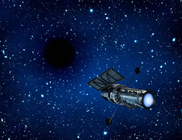 Black hole in universe. Wormhole and blue nebula in outer space. Spaceship flying to mystery hole in deep cosmos. Future space exploration concept. Elements of this image furnished by NASA.