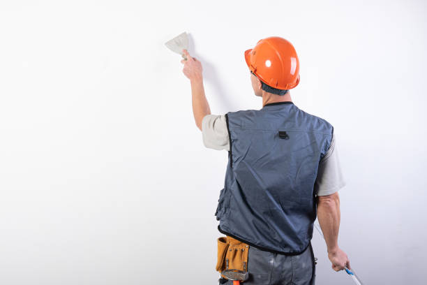 istock The builder smoothes the wall with a spatula. In work clothes and hard hat. On a light gray background. 1200410181