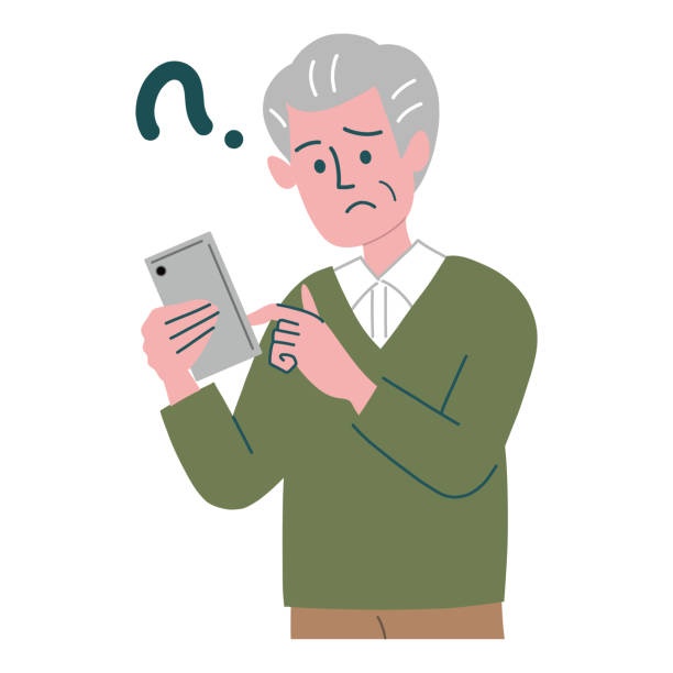 ilustrações, clipart, desenhos animados e ícones de gesto do smartphone do homem sênior - senior adult retirement question mark worried