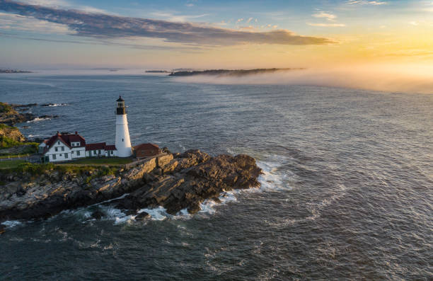 Portland Light in Maine Drone Photo stock photo