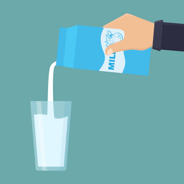 ilustrações de stock, clip art, desenhos animados e ícones de hand hold milk box and pour milk into glass vector flat - pouring