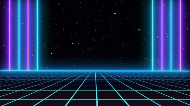 istock Retro 80s Sci-Fi Background Futuristic Grid landscape. Digital cyber surface style of the 1980`s. 3D illustration 1200425458