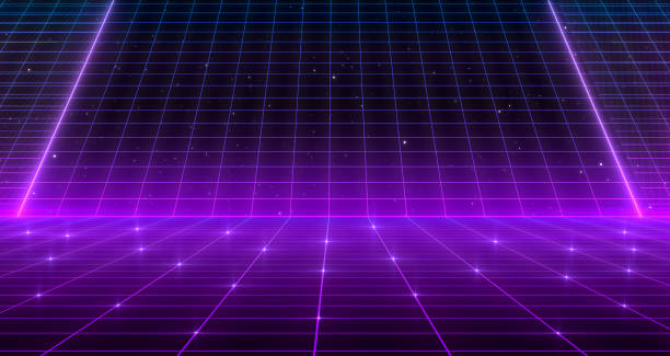 istock Retro 80s Sci-Fi Background Futuristic Grid landscape. Digital cyber surface style of the 1980`s. 3D illustration 1200425491