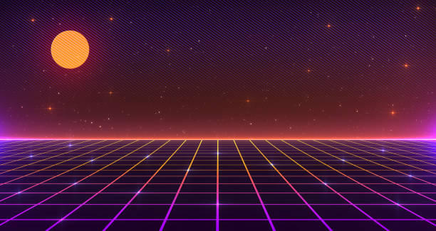 istock Retro 80s Sci-Fi Background Futuristic Grid landscape. Digital cyber surface style of the 1980`s. 3D illustration 1200425497