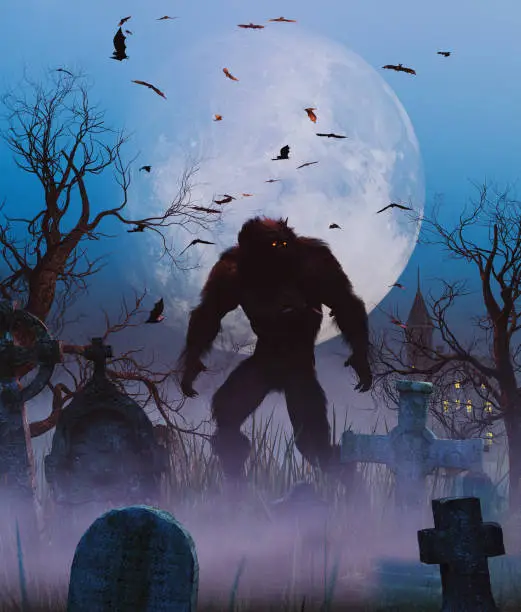 Werewolf in graveyard scene,3d rendering