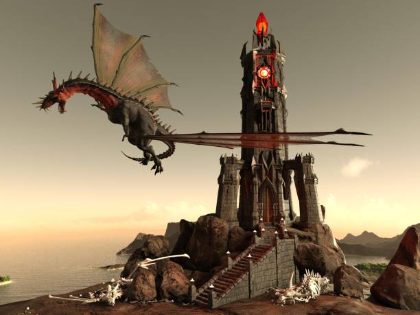 istock Fantasy Dragon and Dark Tower 3D Illustration 1200426452