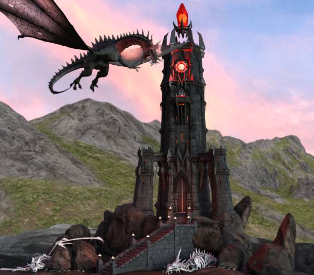 istock Fantasy Dragon and Dark Tower 3D Illustration 1200426458
