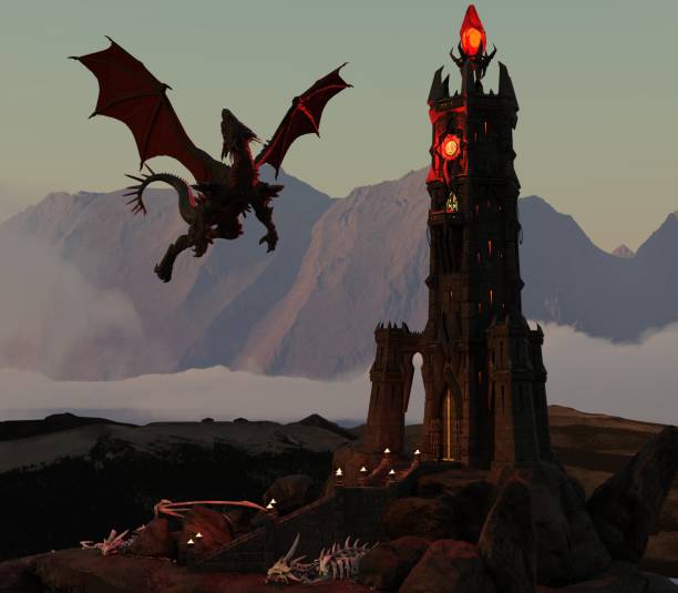 istock Fantasy Dragon and Dark Tower 3D Illustration 1200426461
