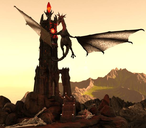 istock Fantasy Dragon and Dark Tower 3D Illustration 1200426462