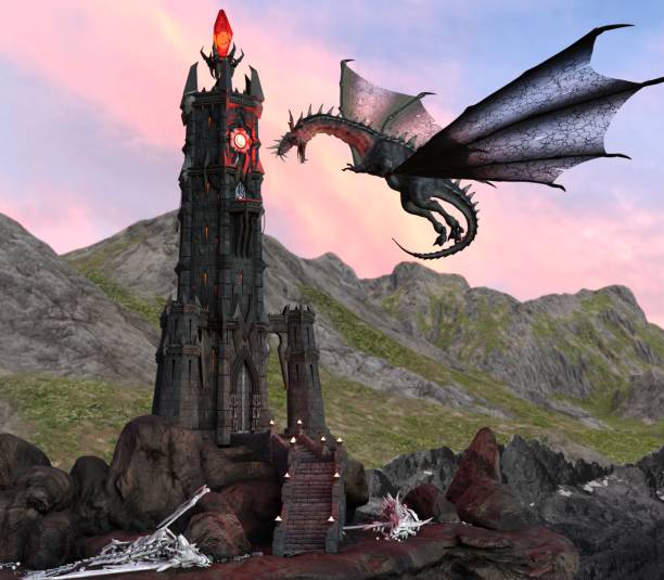 istock Fantasy Dragon and Dark Tower 3D Illustration 1200426466