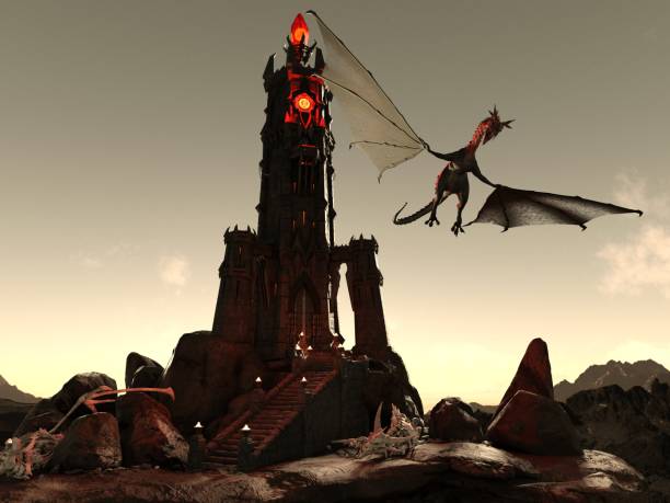 istock Fantasy Dragon and Dark Tower 3D Illustration 1200426470