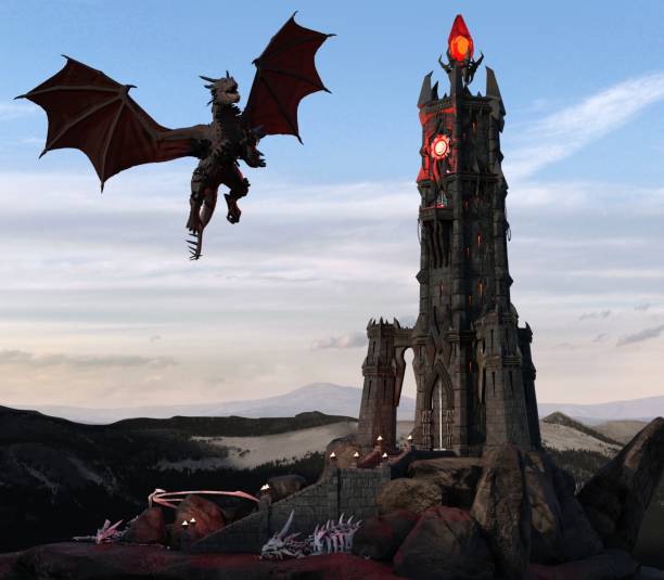 istock Fantasy Dragon and Dark Tower 3D Illustration 1200426471