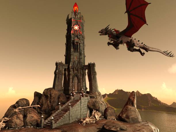 istock Fantasy Dragon and Dark Tower 3D Illustration 1200426477