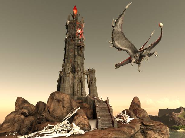 istock Fantasy Dragon and Dark Tower 3D Illustration 1200426478