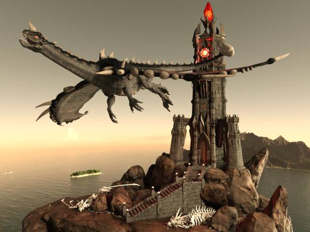 istock Fantasy Dragon and Dark Tower 3D Illustration 1200426485