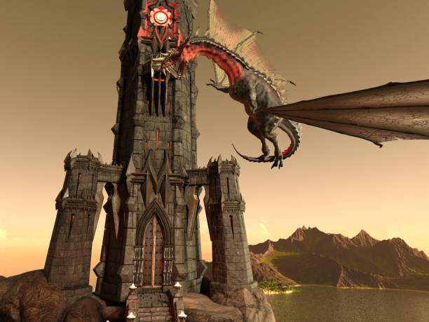 istock Fantasy Dragon and Dark Tower 3D Illustration 1200426486