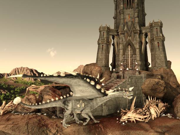 istock Fantasy Dragon and Dark Tower 3D Illustration 1200426489