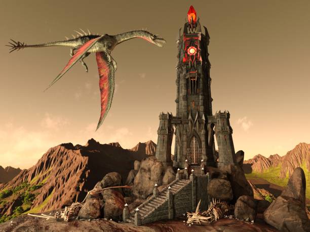 istock Fantasy Dragon and Dark Tower 3D Illustration 1200426492