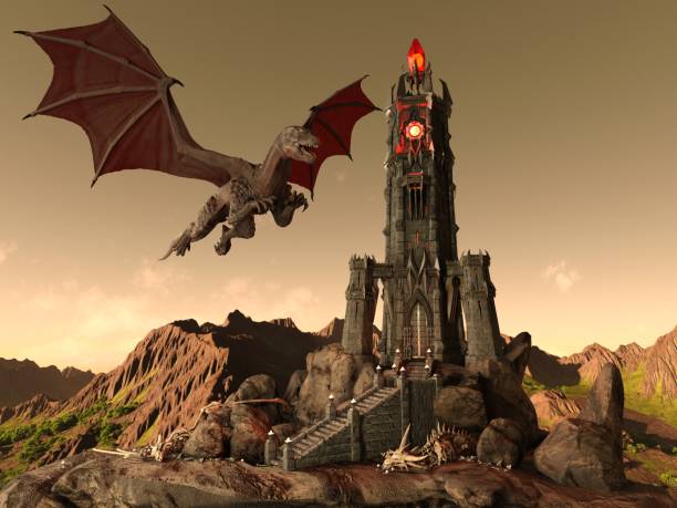 istock Fantasy Dragon and Dark Tower 3D Illustration 1200426498