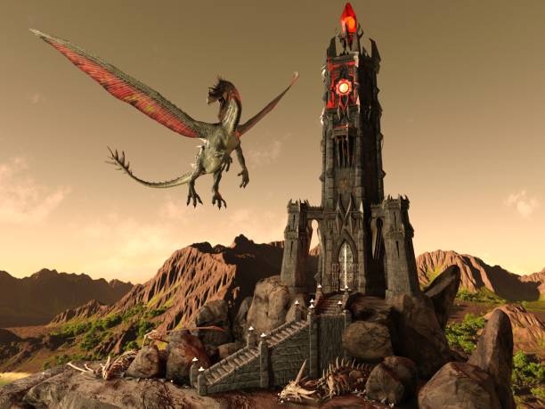 istock Fantasy Dragon and Dark Tower 3D Illustration 1200426500