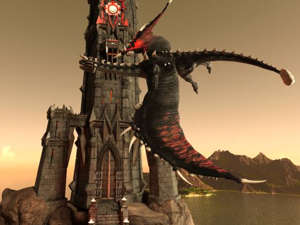 istock Fantasy Dragon and Dark Tower 3D Illustration 1200426510