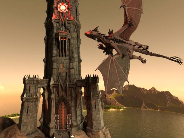 istock Fantasy Dragon and Dark Tower 3D Illustration 1200426514