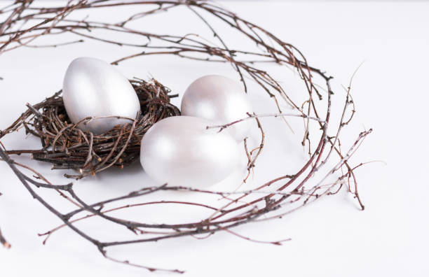 istock Easter holiday composition. Three silver colored eggs in a nest of twigs on a white background. Easter flat ley. Easter concept. Copyspace. 1200436156