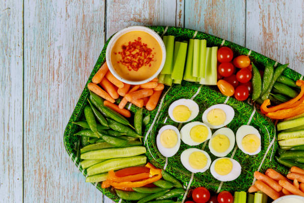 istock Vegetable platter with hot mayo dipping close up. 1200437583