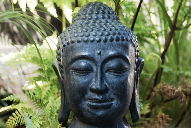 A close-up of grey buddha face statue on green leaves background