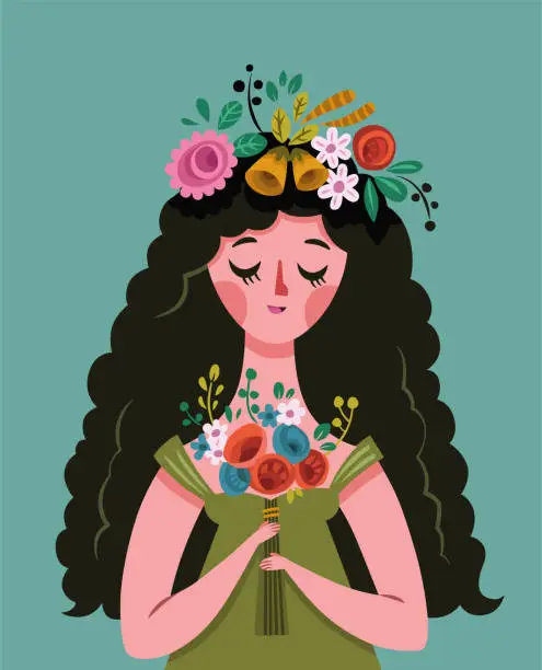 Vector illustration of Young Lady and Flowers.