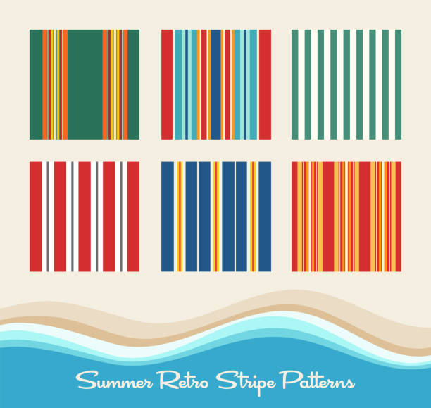 summer retro striped patterns similar to stripes of awnings, deck chars and beach towels. Set of 6 summer retro striped patterns similar to stripes of awnings, deck chars and beach towels.  For backgrounds, fabric, wallpaper. beach hut stock illustrations