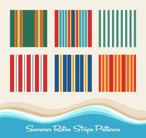 Vector illustration of summer retro striped patterns similar to stripes of awnings, deck chars and beach towels.