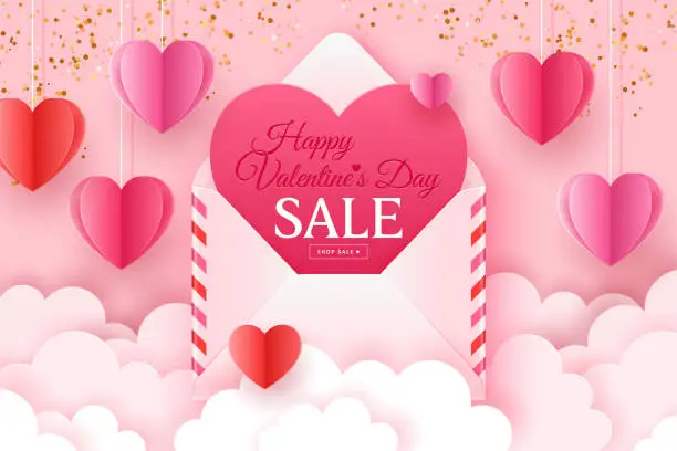 Vector illustration of Valentines day sale banner template for social media advertising, invitation or poster design with paper art heart shapes and envelope background.