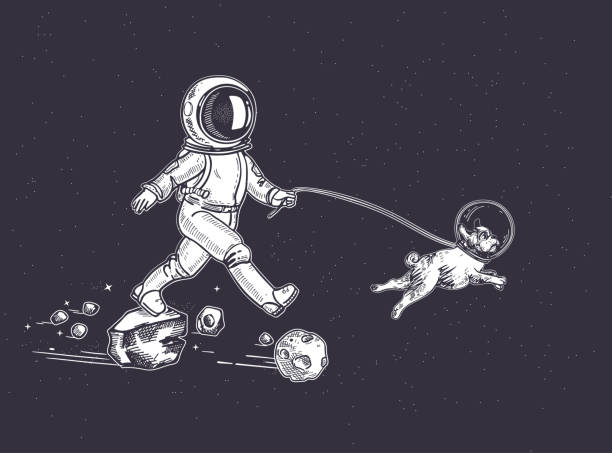 Astronaut walks with a dog. A dog in space. Illustration on the theme of astronomy. Astronaut walks with a dog. A dog in space. Illustration on the theme of astronomy. Hand-drawn graphics. astronaut patterns stock illustrations