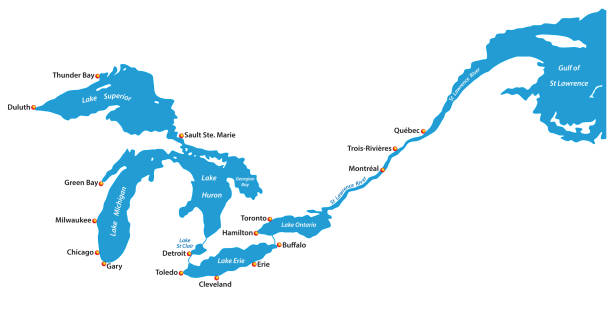 illustrations, cliparts, dessins animés et icônes de carte des grands lacs et du fleuve saint-laurent avec les grandes villes - great lakes