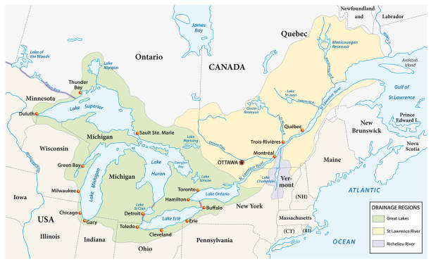 ilustraciones, imágenes clip art, dibujos animados e iconos de stock de mapa de los grandes lagos y el drenaje del río st lawrence aregions - canadian province