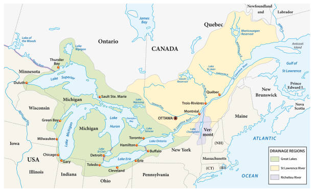 mapa wielkich jezior i odwadniania rzeki św wawrzyńca - great lakes stock illustrations