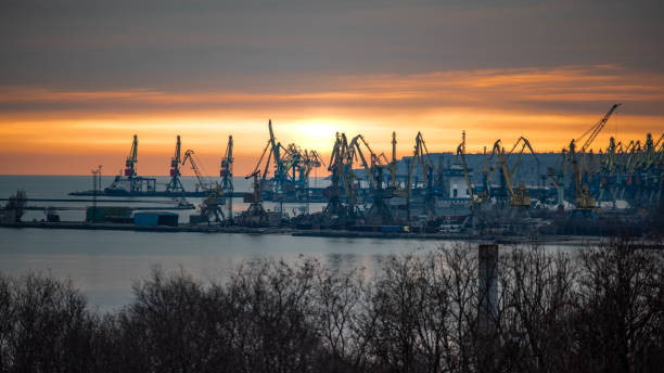 View of the Mariupol Sea Port The largest Ukrainian port on the Sea of ​​Azov. The closest to the combat zone in the Donbass mariupol stock pictures, royalty-free photos & images