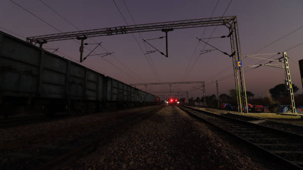 istock Railroad station perspective view at night 1200452745