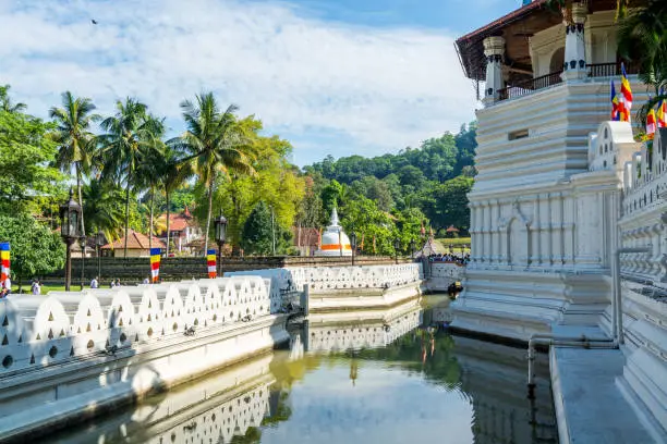 Buildings inside of the complex of Sri Dalada Maligawa or the Temple of the Sacred Tooth Relic, a Buddhist temple in Kandy, Sri Lanka. which houses the relic of the tooth of the Buddha.