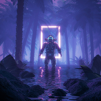 3D illustration of science fiction scene showing surreal astronaut in neon lit swampy forest on water planet
